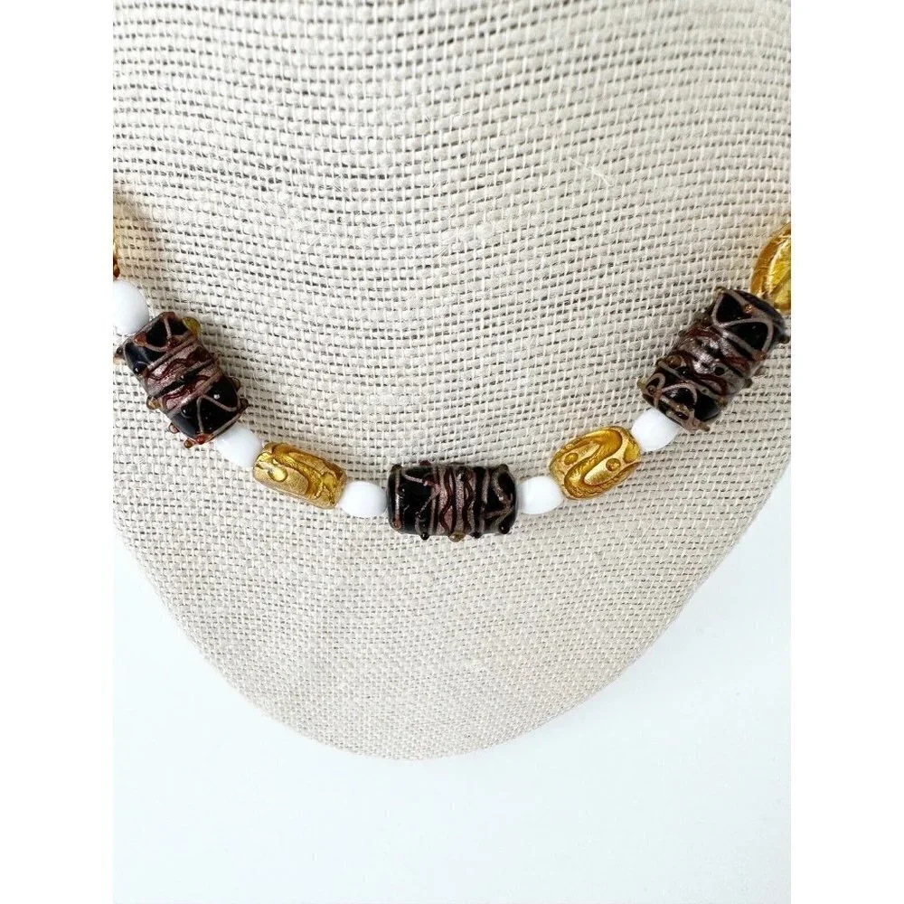 NWT Genuine Crystal & Glass Beaded Necklace Brown, Gold, White